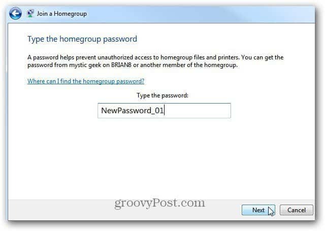 होमग्रुप पासवर्ड डालें