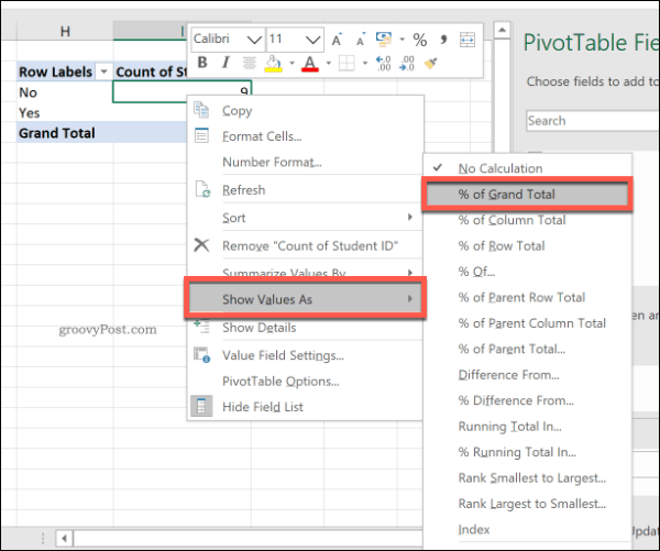 Excel धुरी तालिका में प्रतिशत योग का उपयोग करना