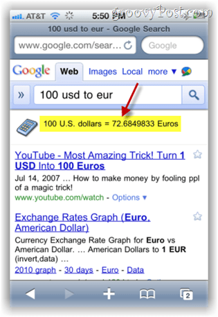 iphone.com पर google.com मुद्रा परिवर्तक खोज