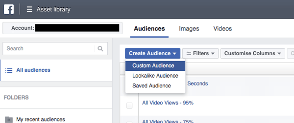 फेसबुक विज्ञापन प्रबंधक में, ऑडियंस बनाएँ पर क्लिक करें और ड्रॉप-डाउन सूची से कस्टम ऑडियंस का चयन करें।