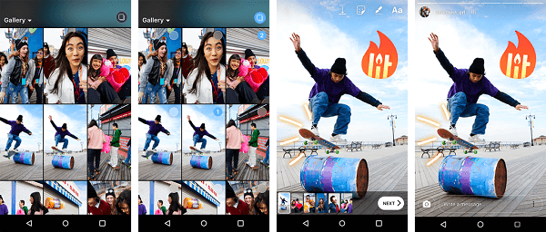 एंड्रॉइड उपयोगकर्ताओं के पास अब एक ही बार में अपने इंस्टाग्राम स्टोरीज़ पर कई फ़ोटो और वीडियो अपलोड करने की क्षमता है।