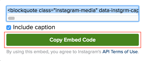Instagram पोस्ट एम्बेड कोड को कॉपी करने के लिए हरे बटन पर क्लिक करें।