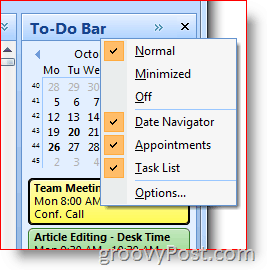 Outlook 2007 To-Do Bar - विकल्प चुनने के लिए Righ-Click करें