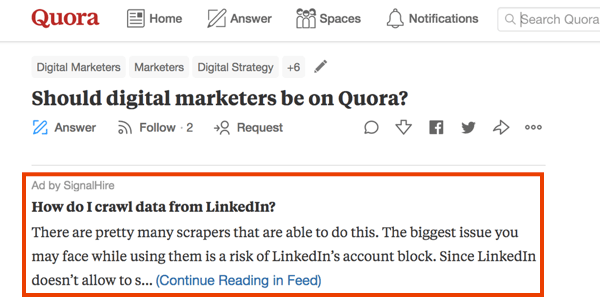 एक भुगतान विज्ञापन के साथ Quora पर विपणन का उदाहरण।