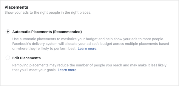 फेसबुक अभियान के लिए स्वचालित प्लेसमेंट विकल्प चुना गया