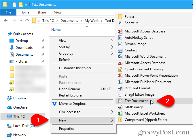 Windows फ़ाइल एक्सप्लोरर में नए> पाठ दस्तावेज़ पर जाएं