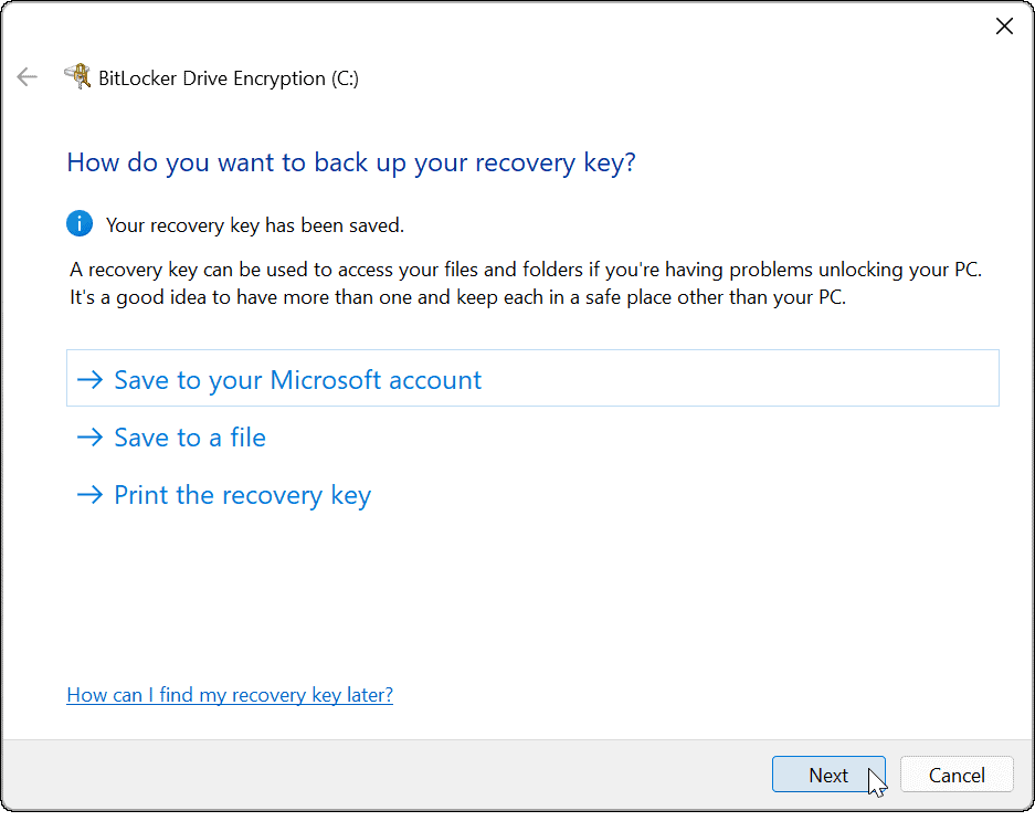 BitLocker पुनर्प्राप्ति कुंजी सहेजें