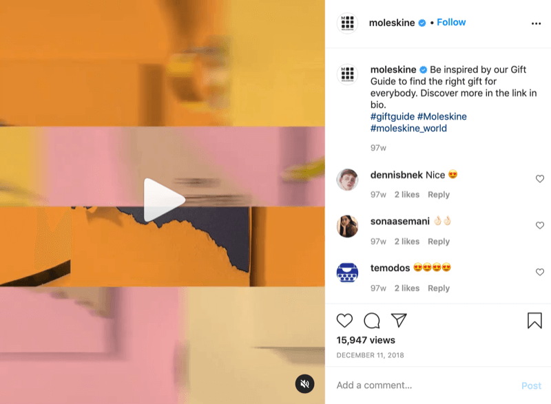 इंस्टाग्राम गिफ्ट-आइडिया वीडियो पोस्ट का उदाहरण @moleskine से एक्शन दर्शकों को कॉल करने के लिए कॉल के साथ जैव मूल्य के लिंक पर
