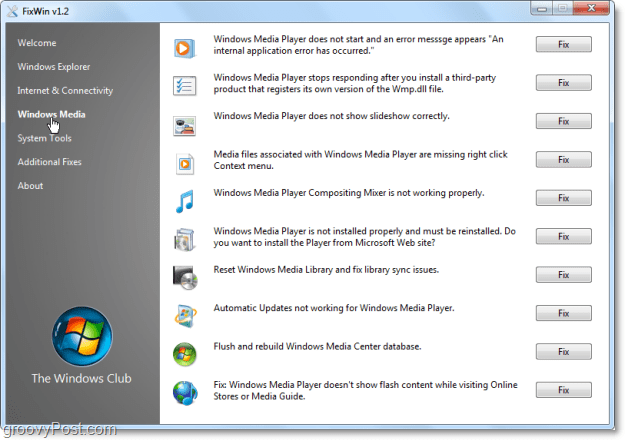 FixWin Windows Meda स्क्रीनशॉट को ठीक करता है