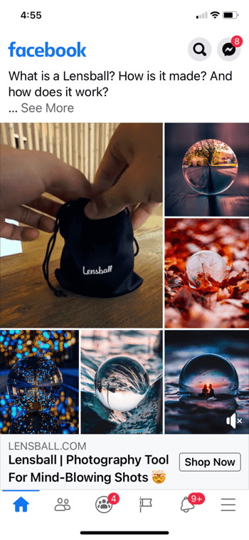 उदाहरण लेंसबॉल के लिए फेसबुक विज्ञापन कोलाज, चित्र में उपयोग में उत्पाद के 5 उदाहरण शॉट्स के साथ एक छोटे काले ड्रॉस्ट्रिंग बैग में उत्पाद दिखा रहा है