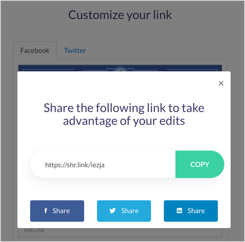 ShareKit में अपने कस्टम लिंक को कॉपी करें।