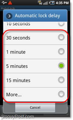 Android पैटर्न लॉक समय का चयन करें