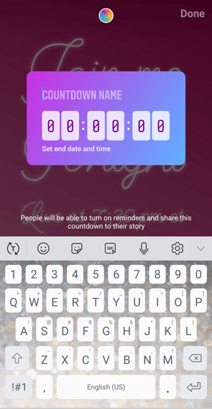 व्यापार के लिए Instagram उलटी गिनती स्टिकर का उपयोग कैसे करें, चरण 2 उलटी गिनती नाम।