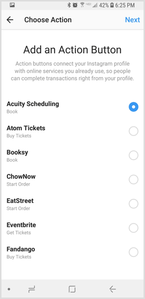 इंस्टाग्राम पर थर्ड-पार्टी ऐप चुनें एक्शन बटन स्क्रीन जोड़ें