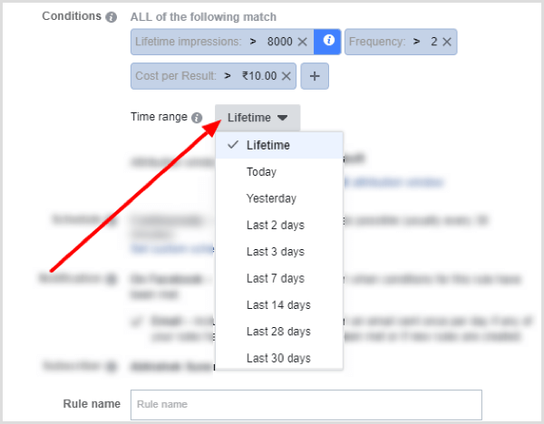फेसबुक नियम के लिए स्थिति सेट करते समय टाइम ड्रॉप-डाउन मेनू विकल्प