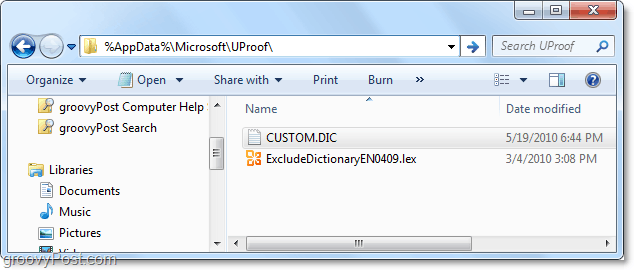 Office 2010 की custom.dic फ़ाइल का वास्तविक स्थान