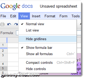 Google डॉक्स मेनू में ग्रिडलाइन छिपाएं
