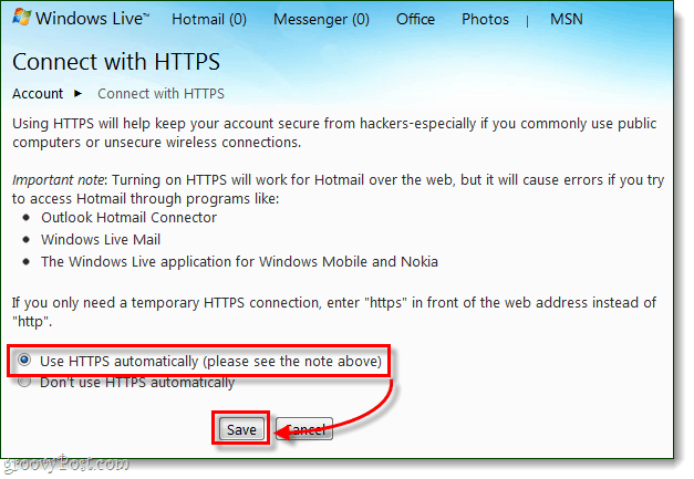 HTTPS के माध्यम से विंडोज लाइव और हॉटमेल से हमेशा सिक्योर कनेक्ट कैसे करें