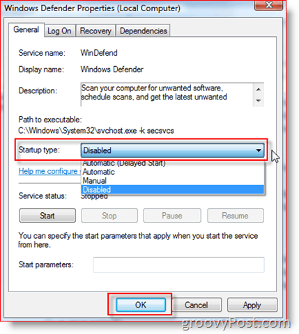 Windows Server 2008 या Vista में Windows डिफेंडर सेवा अक्षम करें: groovyPost.com