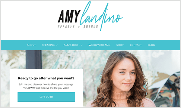 एमी लैंडिनो की वेबसाइट उनके नए व्यक्तिगत ब्रांड को दर्शाती है। वेबसाइट में फ़िरोज़ा उच्चारण रंग हैं। हेडिंग कहते हैं एमी लैंडिनो स्पीकर और लेखक। एमी की एक तस्वीर नेविगेशन पट्टी के नीचे एक बॉक्स के साथ दिखाई देती है जो कहता है कि रेडी टू गो आफ्टर व्हाट यू वांट? एक नीला बटन कहता है लेट्स डू इट।
