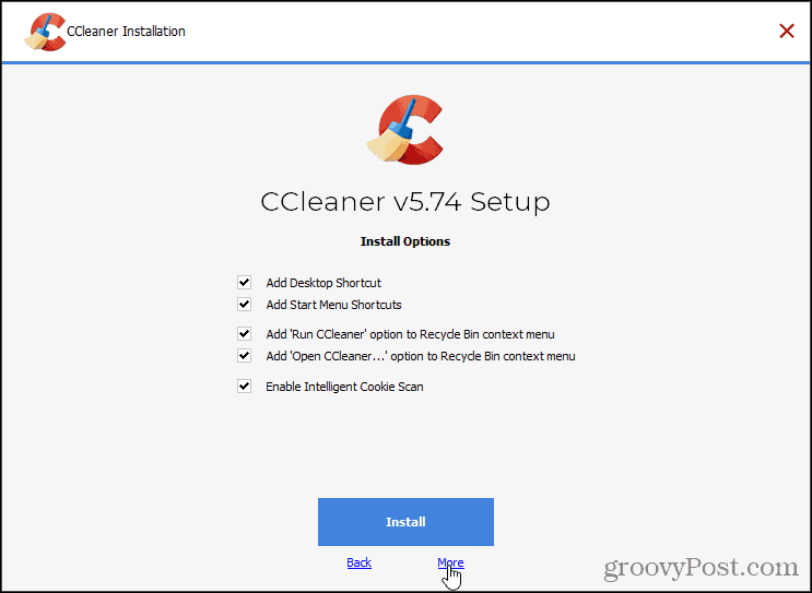 CCleaner स्थापना पर अधिक क्लिक करें