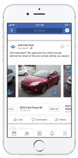 फेसबुक ने गतिशील विज्ञापन पेश किए जो ऑटोमोटिव कंपनियों को अपने विज्ञापनों की प्रासंगिकता बढ़ाने के लिए अपने वाहन कैटलॉग का उपयोग करने में सक्षम बनाते हैं।