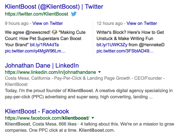 सर्च इंजन परिणाम पेज सर्प पर klientboost कवरेज का उदाहरण