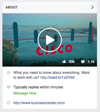 बिजनेस इनसाइडर के फेसबुक पेज के बारे में अनुभाग उनके संदेश नाउ बैज को दिखाता है, जो आगंतुकों को बताता है कि वे आमतौर पर मिनटों के भीतर संदेशों का जवाब देते हैं।