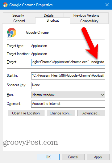 Chrome डेस्कटॉप शॉर्टकट में Add -incognito