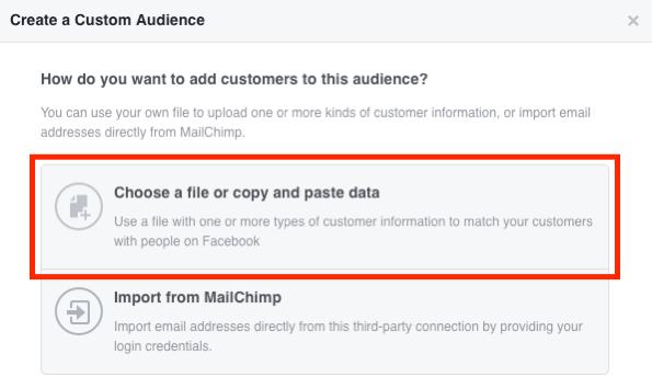 एक फ़ाइल चुनें या अपने फेसबुक कस्टम ईमेल दर्शकों को बनाने के लिए डेटा की प्रतिलिपि बनाएँ और चिपकाएँ।