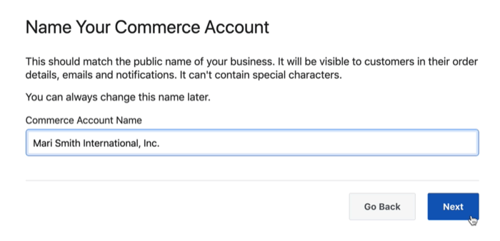अपने फेसबुक कॉमर्स अकाउंट का नाम डायलॉग बॉक्स विकल्प