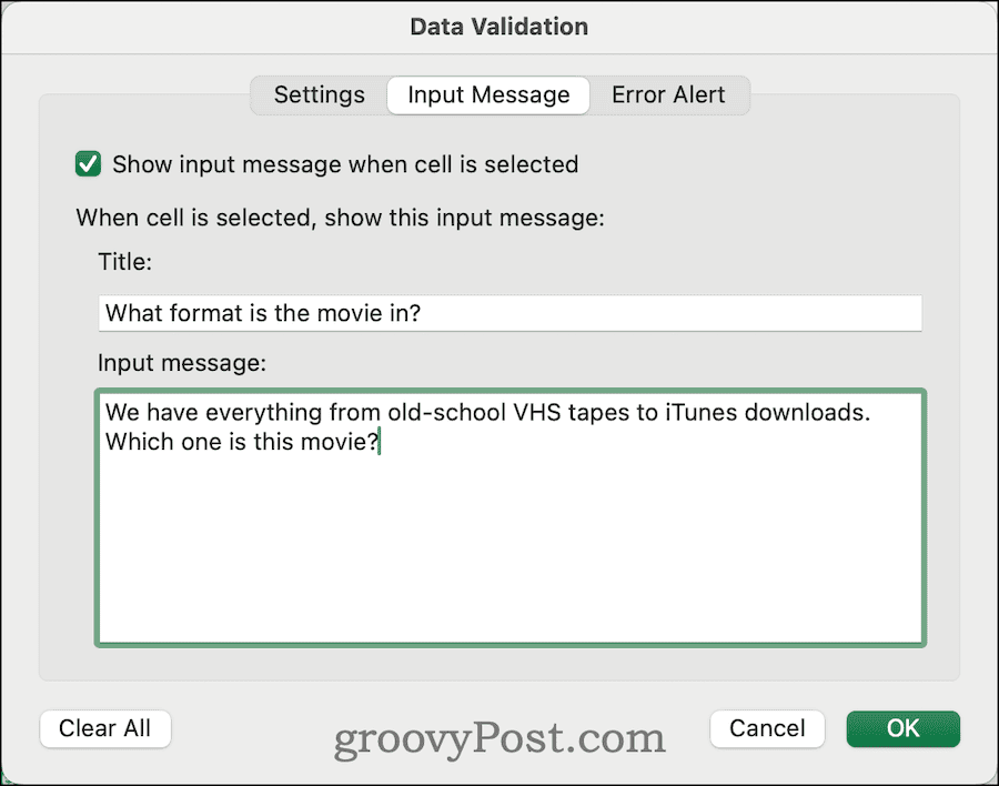 डेटा सत्यापन में कस्टम इनपुट संदेश दर्ज करना
