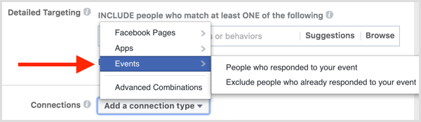 फेसबुक विज्ञापन लक्ष्यीकरण कनेक्शन में उन लोगों को शामिल किया गया है जिन्होंने घटना पर प्रतिक्रिया दी