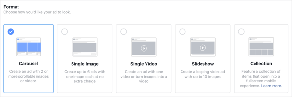 फेसबुक विज्ञापनों के लिए प्रारूप विकल्प