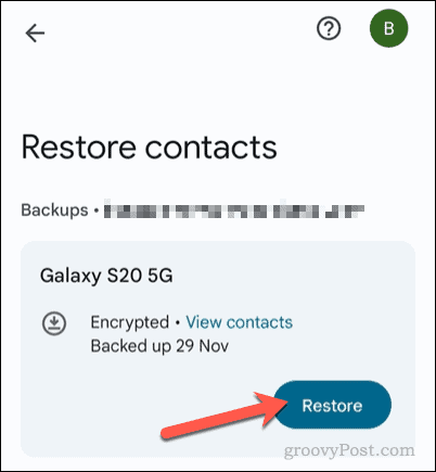 Google संपर्क ऐप में संपर्क बैकअप पुनर्स्थापित करें
