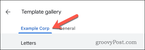 Google डॉक्स टेम्प्लेट गैलरी में Google Workspace Corporation का चयन करें