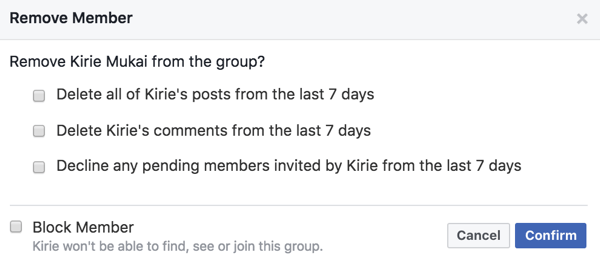 जब आप उन्हें अपने फेसबुक समूह से हटाते हैं, तो आप सदस्यों के पोस्ट, टिप्पणियों और आमंत्रणों को हटा सकते हैं।