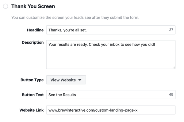Facebook लीड विज्ञापन अभियान के लिए थैंक यू स्क्रीन का उदाहरण।
