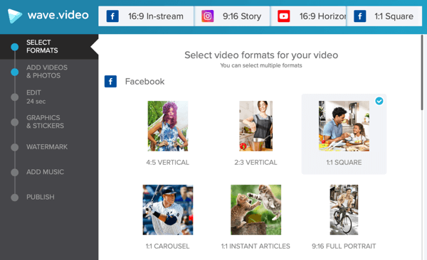 एक सामाजिक वीडियो रणनीति विकसित करें, Wave.video, फेसबुक टेम्पलेट विकल्पों के साथ वीडियो बनाएं।