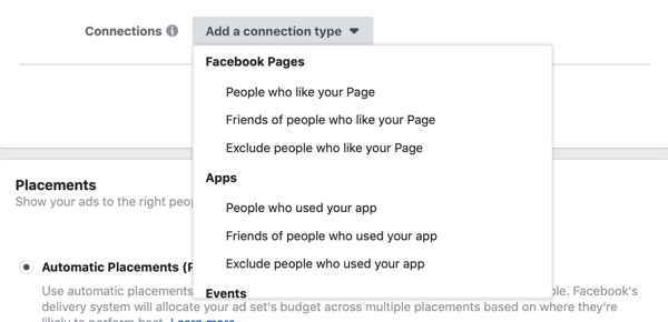 फेसबुक लीड विज्ञापन अभियान के लिए कनेक्शन प्रकार के विकल्प जोड़ें।