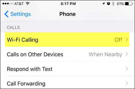 IPhone सेटिंग्स मेनू पर वाईफाई कॉलिंग
