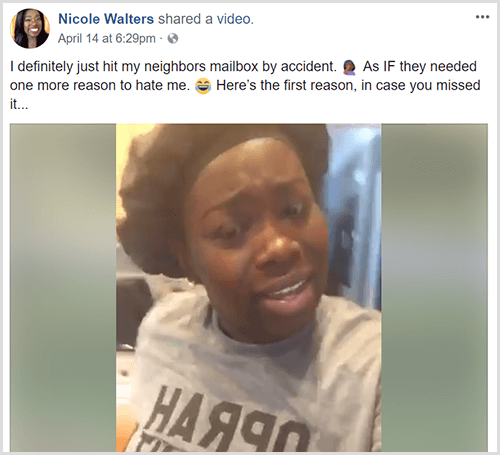 निकोल वाल्टर्स ने एक टेक्स्ट परिचय के साथ एक फेसबुक वीडियो पोस्ट किया जिसमें कहा गया है कि उसने गलती से अपने पड़ोसी के मेलबॉक्स को मारा। निकोल ने एक ब्लैक हेड रैप और एक ग्रे टी-शर्ट पहन रखी है।