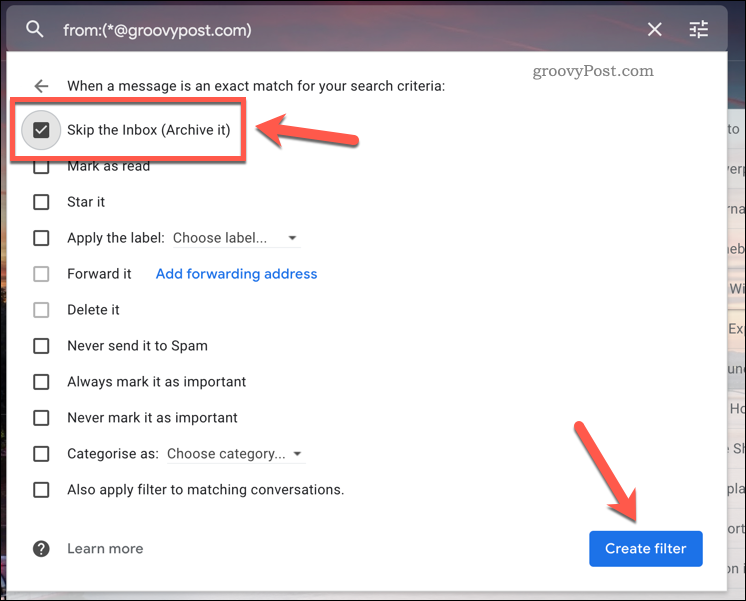 Gmail फ़िल्टर नियम छोड़ना