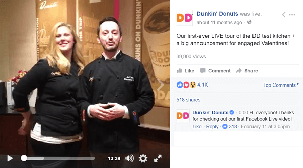 डंकिन डोनट्स प्रशंसकों को पर्दे के पीछे ले जाने के लिए फेसबुक लाइव वीडियो का उपयोग करता है।