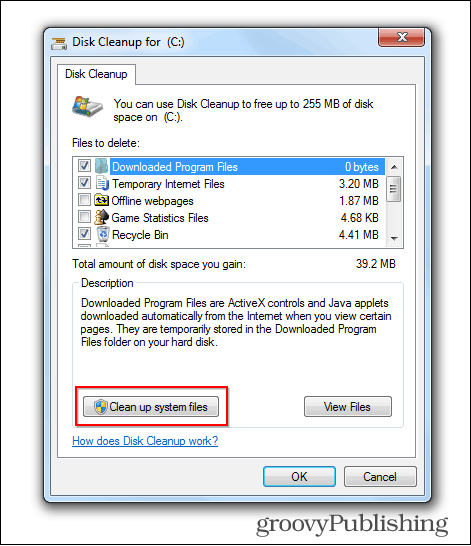 विंडोज़ 7 अद्यतन पुरानी फ़ाइलों को हटा दें डिस्क क्लीनअप बटन