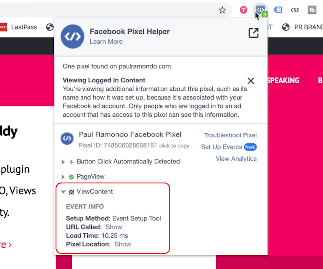 फेसबुक पिक्सेल हेल्पर पेज व्यू और कंटेंट इवेंट दिखा रहा है