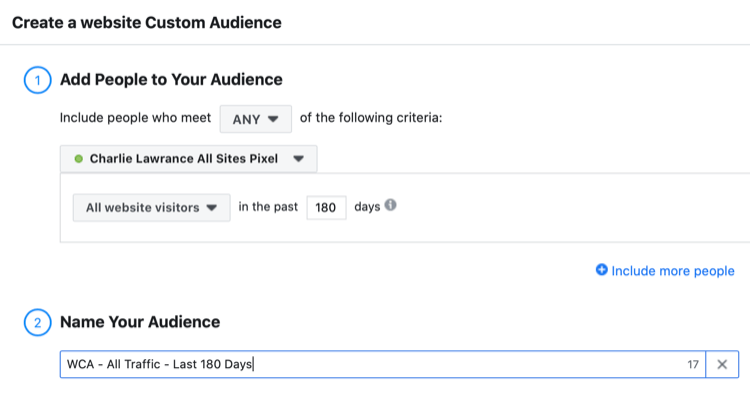 पिछले 180 दिनों में सभी वेबसाइट आगंतुकों के फेसबुक वेबसाइट कस्टम दर्शकों को सेट करें