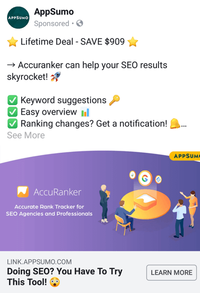 Facebook विज्ञापन तकनीकें जो परिणाम देती हैं, उदाहरण AppSumo द्वारा एक सौदा पेश करना