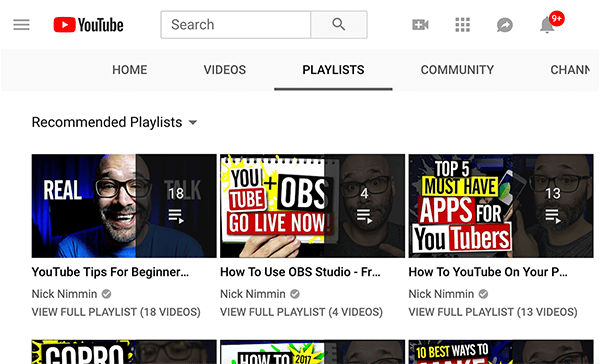 यह निक निमिन के यूट्यूब चैनल पर प्लेलिस्ट का एक स्क्रीनशॉट है। दिखाई गई प्लेलिस्ट का नाम, बाएं से दाएं, शुरुआती के लिए YouTube टिप्स, OBS स्टूडियो का उपयोग कैसे करें, और YouTube पर कैसे करें.. .”