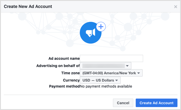अपने नए फेसबुक विज्ञापन खाते का नाम पूछने के लिए अपने व्यवसाय के नाम का उपयोग करें।